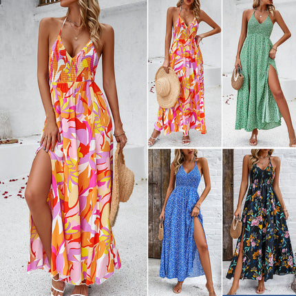 Women's Summer Sleeveless Halter V Neck Boho Long Dress Backless  Flowy Maxi Dresses