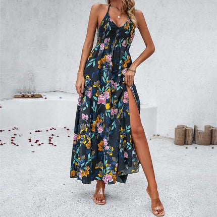 Women's Summer Sleeveless Halter V Neck Boho Long Dress Backless  Flowy Maxi Dresses