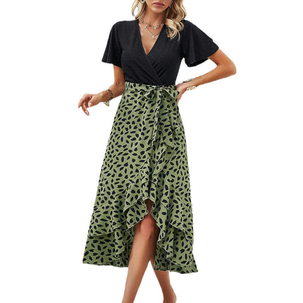 Women Summer Bohemian Floral Wrap V Neck Short Sleeves Tie A-Line Ruffle Midi Dresses