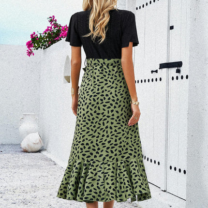 Women Summer Bohemian Floral Wrap V Neck Short Sleeves Tie A-Line Ruffle Midi Dresses