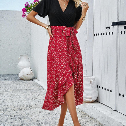 Women Summer Bohemian Floral Wrap V Neck Short Sleeves Tie A-Line Ruffle Midi Dresses