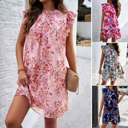 Women's Summer Dresses Ruffle Cap Sleeve Mock Neck Shift Short Flowy Mini Dress