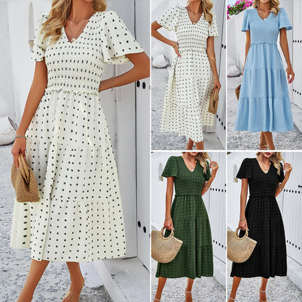 Women's Summer Flutter Short Sleeve Boho Floral Maxi Dress V Neck Smocked Tiered Long Dresses