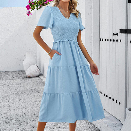 Women's Summer Flutter Short Sleeve Boho Floral Maxi Dress V Neck Smocked Tiered Long Dresses