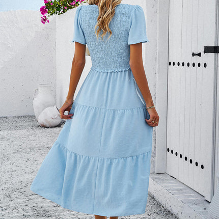 Women's Summer Flutter Short Sleeve Boho Floral Maxi Dress V Neck Smocked Tiered Long Dresses