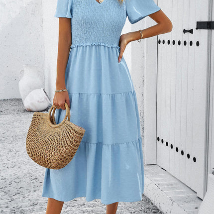 Women's Summer Flutter Short Sleeve Boho Floral Maxi Dress V Neck Smocked Tiered Long Dresses