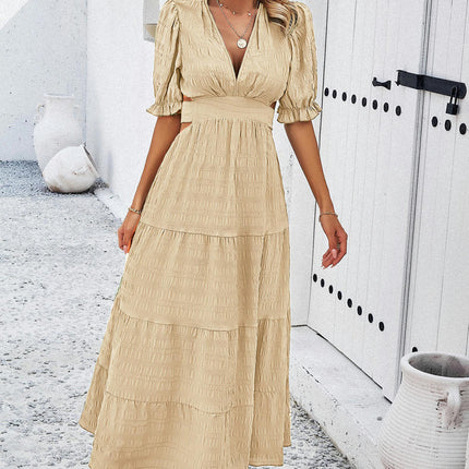 Women's Summer Puff Short Sleeve Maxi Dress V Neck Cut Out Ruffled Long Dresses