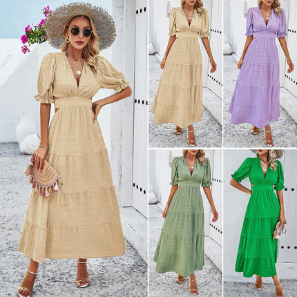 Women's Summer Puff Short Sleeve Maxi Dress V Neck Cut Out Ruffled Long Dresses