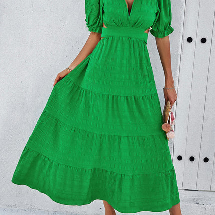 Women's Summer Puff Short Sleeve Maxi Dress V Neck Cut Out Ruffled Long Dresses