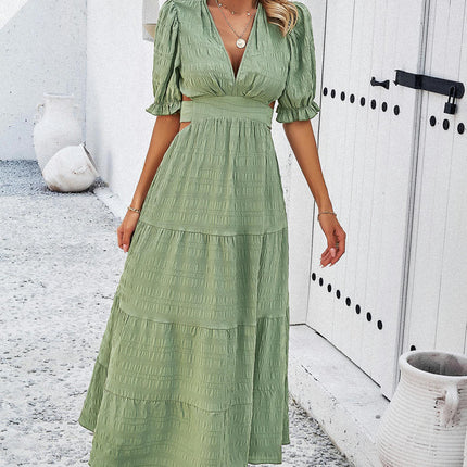 Women's Summer Puff Short Sleeve Maxi Dress V Neck Cut Out Ruffled Long Dresses