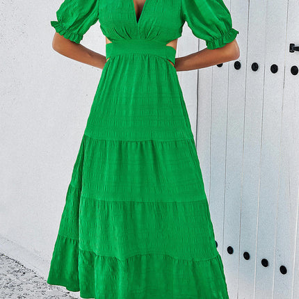 Women's Summer Puff Short Sleeve Maxi Dress V Neck Cut Out Ruffled Long Dresses