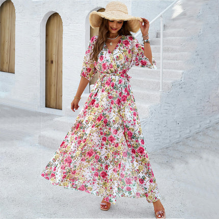 Women Summer Floral Wrap V Neck Short Sleeves Tie A-Line Flowy Split Maxi Dresses