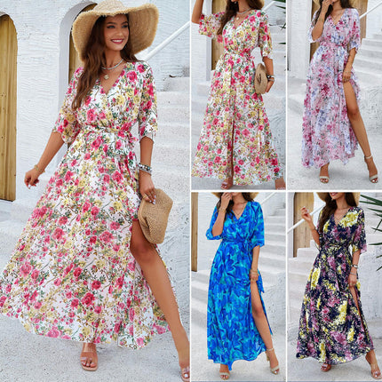 Women Summer Floral Wrap V Neck Short Sleeves Tie A-Line Flowy Split Maxi Dresses