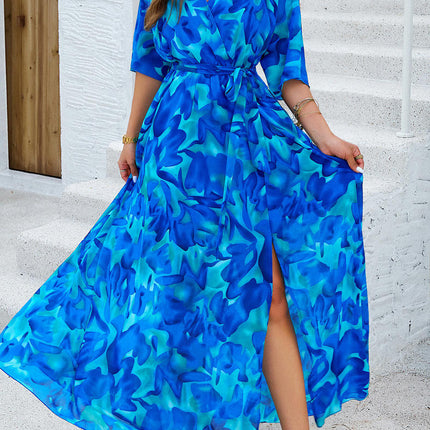 Women Summer Floral Wrap V Neck Short Sleeves Tie A-Line Flowy Split Maxi Dresses