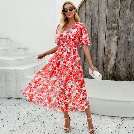 Womens Flowy Dresses Summer Short Sleeve V Neck Empire Waist Boho Floral A Line Long Dress