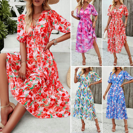 Womens Flowy Dresses Summer Short Sleeve V Neck Empire Waist Boho Floral A Line Long Dress