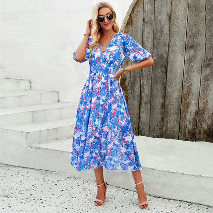 Womens Flowy Dresses Summer Short Sleeve V Neck Empire Waist Boho Floral A Line Long Dress