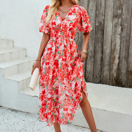 Womens Flowy Dresses Summer Short Sleeve V Neck Empire Waist Boho Floral A Line Long Dress