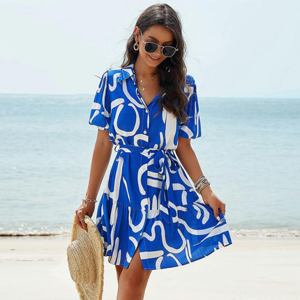 Women's Summer Flowy Mini Dress V Neck Short Sleeve Button Down Tie Ruffled Shirt Dress