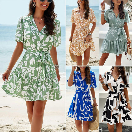 Women's Summer Flowy Mini Dress V Neck Short Sleeve Button Down Tie Ruffled Shirt Dress