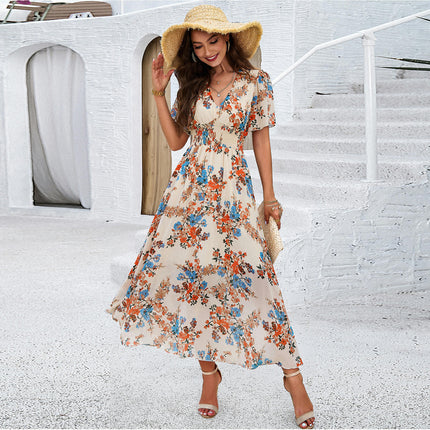 Womens V Neck Dresses Summer Short Sleeve Empire Waist Boho Floral Print Flowy Long Dress