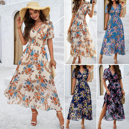 Womens V Neck Dresses Summer Short Sleeve Empire Waist Boho Floral Print Flowy Long Dress