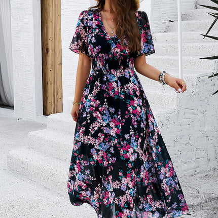 Womens V Neck Dresses Summer Short Sleeve Empire Waist Boho Floral Print Flowy Long Dress