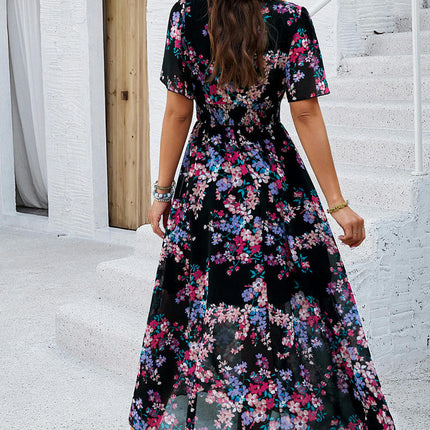 Womens V Neck Dresses Summer Short Sleeve Empire Waist Boho Floral Print Flowy Long Dress