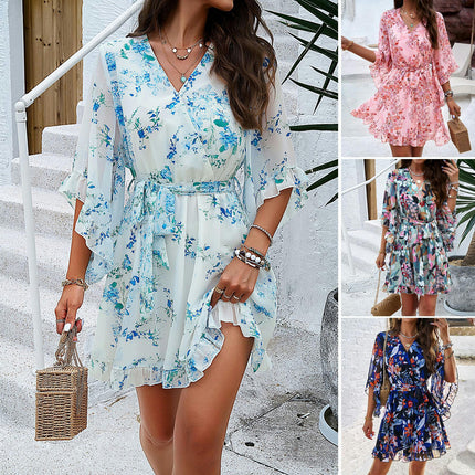 Womens Floral 3/4 Sleeve V Neck Mini Dress Summer Tie Waist Ruffled Flowy Dress