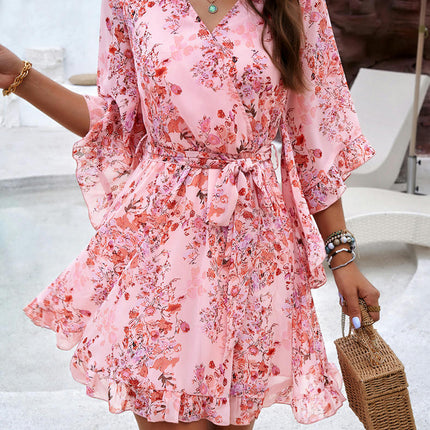 Womens Floral 3/4 Sleeve V Neck Mini Dress Summer Tie Waist Ruffled Flowy Dress