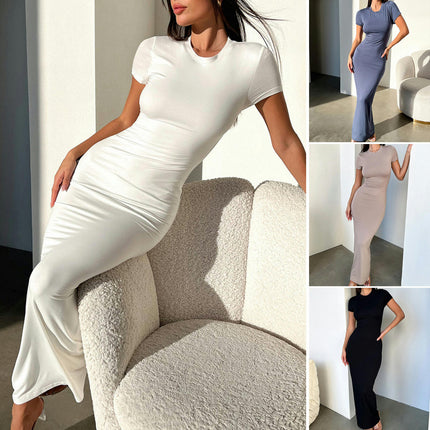 Womens Sexy Long Dress Elegant Short Sleeve Crew Neck Summer Bodycon Maxi Dress