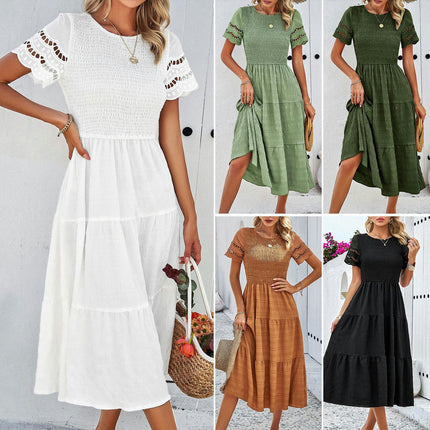 Womens Summer Dresses Short Sleeve Crewneck Smocked Flowy Ruffle Boho Midi Dress