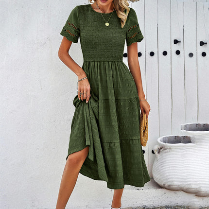 Womens Summer Dresses Short Sleeve Crewneck Smocked Flowy Ruffle Boho Midi Dress