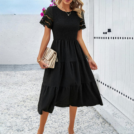 Womens Summer Dresses Short Sleeve Crewneck Smocked Flowy Ruffle Boho Midi Dress