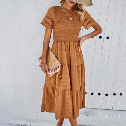 Womens Summer Dresses Short Sleeve Crewneck Smocked Flowy Ruffle Boho Midi Dress