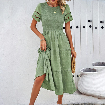 Womens Summer Dresses Short Sleeve Crewneck Smocked Flowy Ruffle Boho Midi Dress