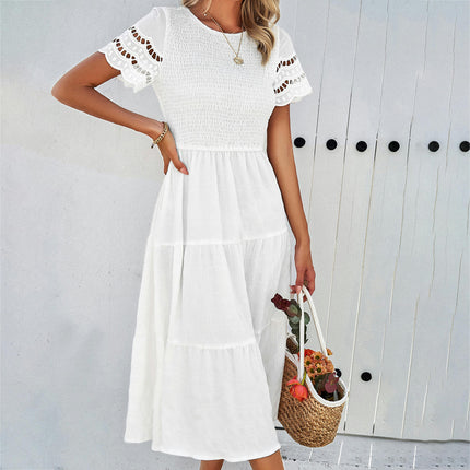 Womens Summer Dresses Short Sleeve Crewneck Smocked Flowy Ruffle Boho Midi Dress