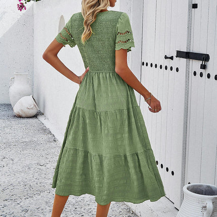 Womens Summer Dresses Short Sleeve Crewneck Smocked Flowy Ruffle Boho Midi Dress