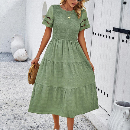 Womens Summer Dresses Short Sleeve Crewneck Smocked Flowy Ruffle Boho Midi Dress