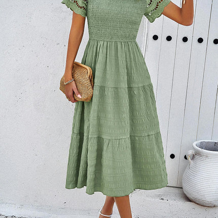 Womens Summer Dresses Short Sleeve Crewneck Smocked Flowy Ruffle Boho Midi Dress