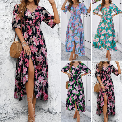 Women's Summer Short Sleeve Dresses V Neck Elastic Waist Floral Midi A-Line Dress