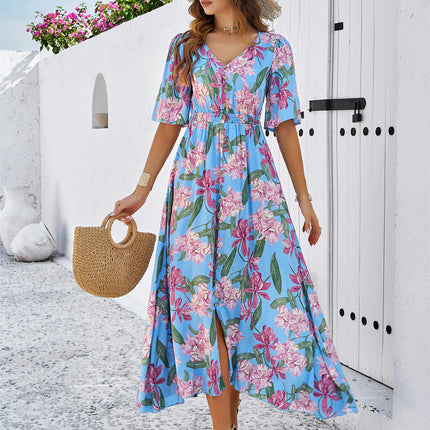 Women's Summer Short Sleeve Dresses V Neck Elastic Waist Floral Midi A-Line Dress