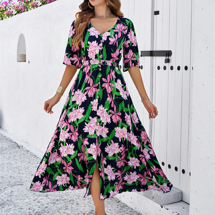 Women's Summer Short Sleeve Dresses V Neck Elastic Waist Floral Midi A-Line Dress