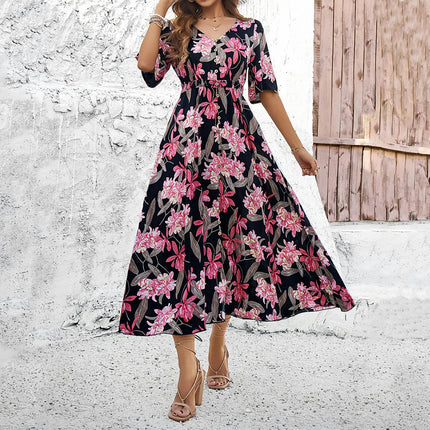 Women's Summer Short Sleeve Dresses V Neck Elastic Waist Floral Midi A-Line Dress