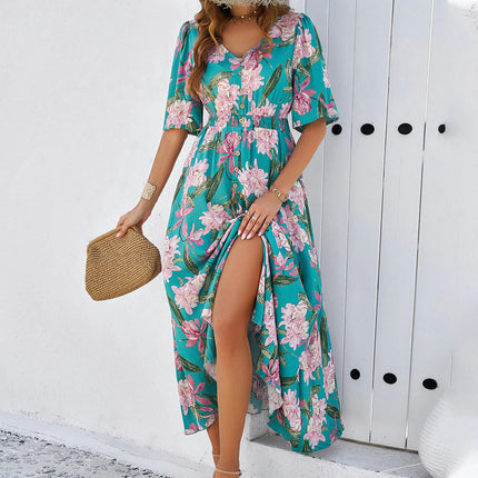 Women's Summer Short Sleeve Dresses V Neck Elastic Waist Floral Midi A-Line Dress