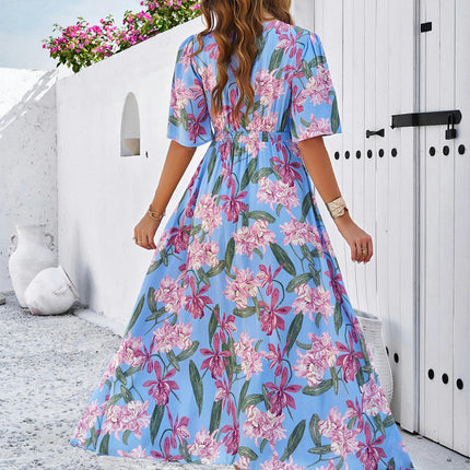 Women's Summer Short Sleeve Dresses V Neck Elastic Waist Floral Midi A-Line Dress