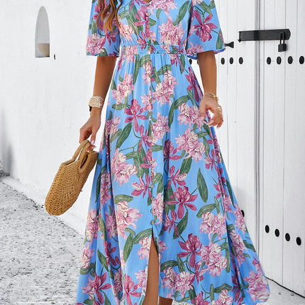 Women's Summer Short Sleeve Dresses V Neck Elastic Waist Floral Midi A-Line Dress