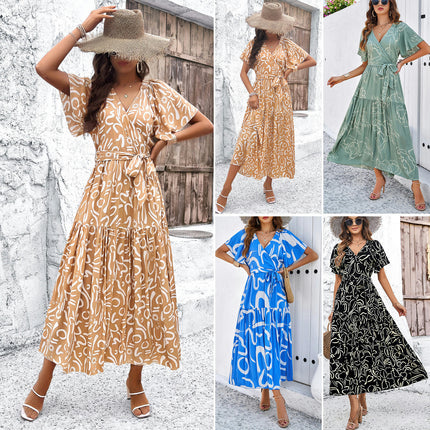 Womens Summer Short Sleeve Wrap V Neck Tie Waist Boho Floral Ruffle Maxi Dress