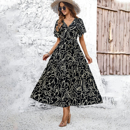 Womens Summer Short Sleeve Wrap V Neck Tie Waist Boho Floral Ruffle Maxi Dress