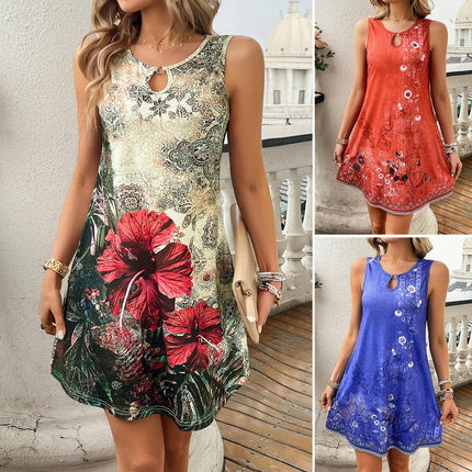 Boho Floral Summer Dresses for Women Beach Loose Sleeveless Crewneck Mini Dress